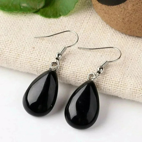 Handcrafted Natural Black Agate Puffed Teardrop Gemstone Dangle Earrings - Picture 1 of 1